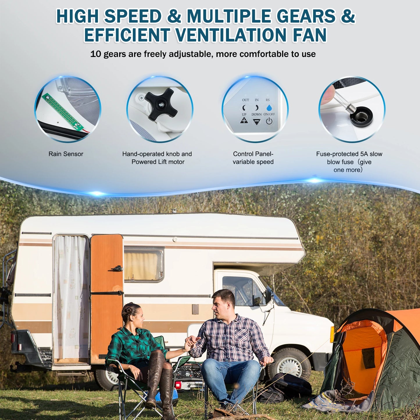 12V RV Dakventilator | 10/3 Snelheden | Regensensor & Afstandsbediening | Caravan, Camper, Motorhome