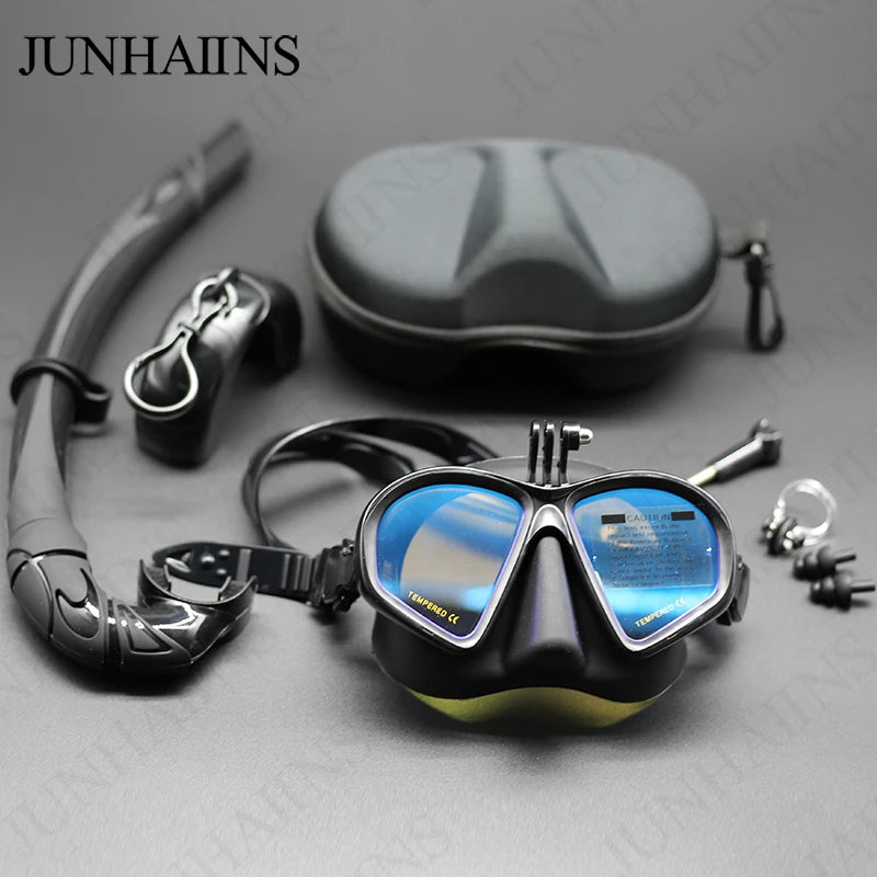 Wet Go-Pro Mount Duikmasker | Tempered Glass Freedive Mask met J-Type Snorkel & Camera Mount – Zwart