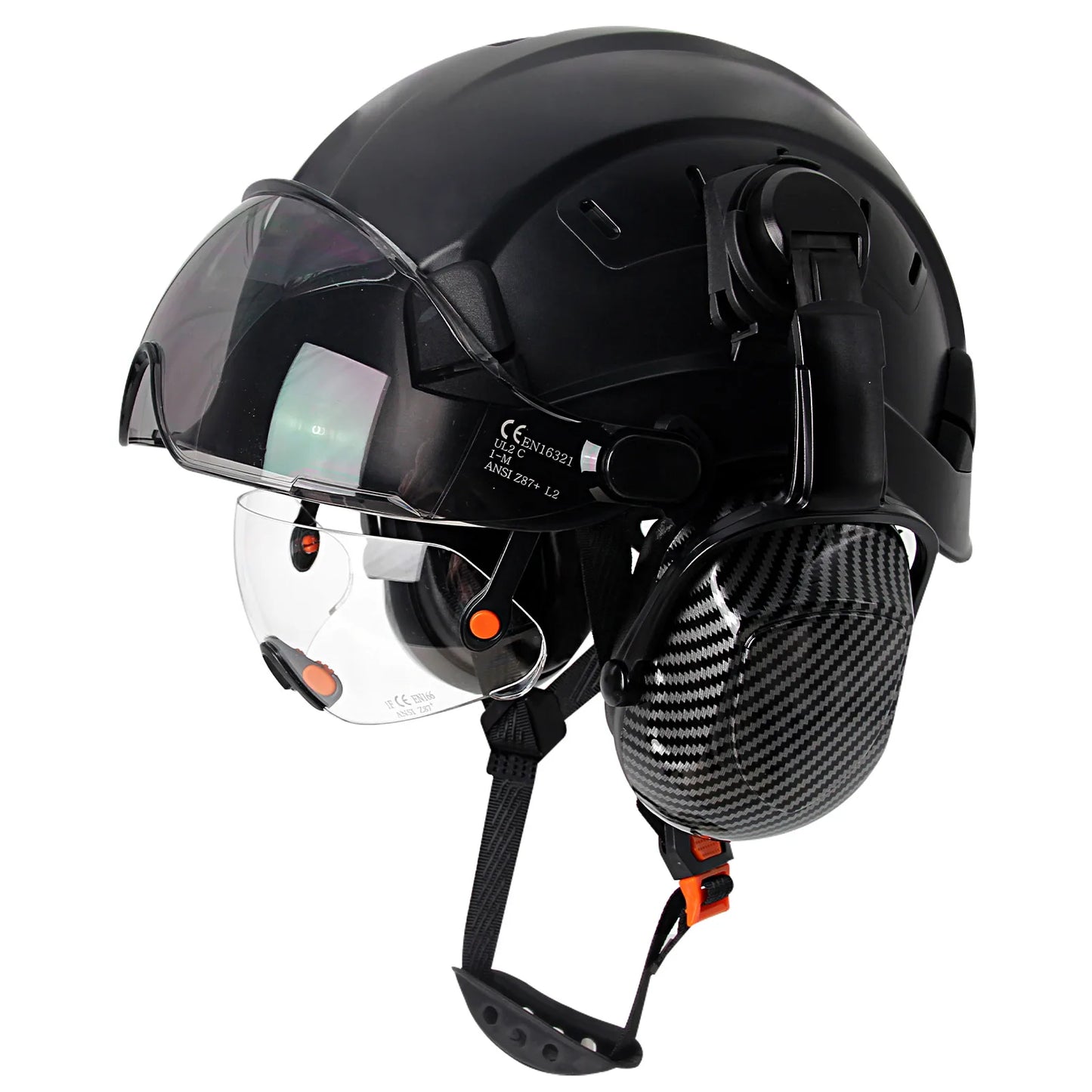 Carbon Fiber Safety Helmet with Visor, Double Goggles and Earmuffs - Industrial Hard Hat for Construction and Climbing