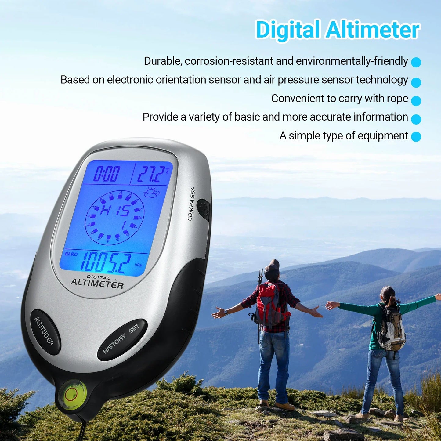 8-in-1 Elektronische Handheld Altimeter – Kompas, Barometer, Thermometer, Weerstation, Tijd & Kalender voor Bergbeklimmen