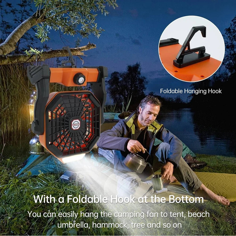 Oplaadbare Camping Ventilator – 7800mAh, 270° Draaibaar, LED Lamp, Stil & Draagbaar | Tafel- & Tentventilator voor Outdoor