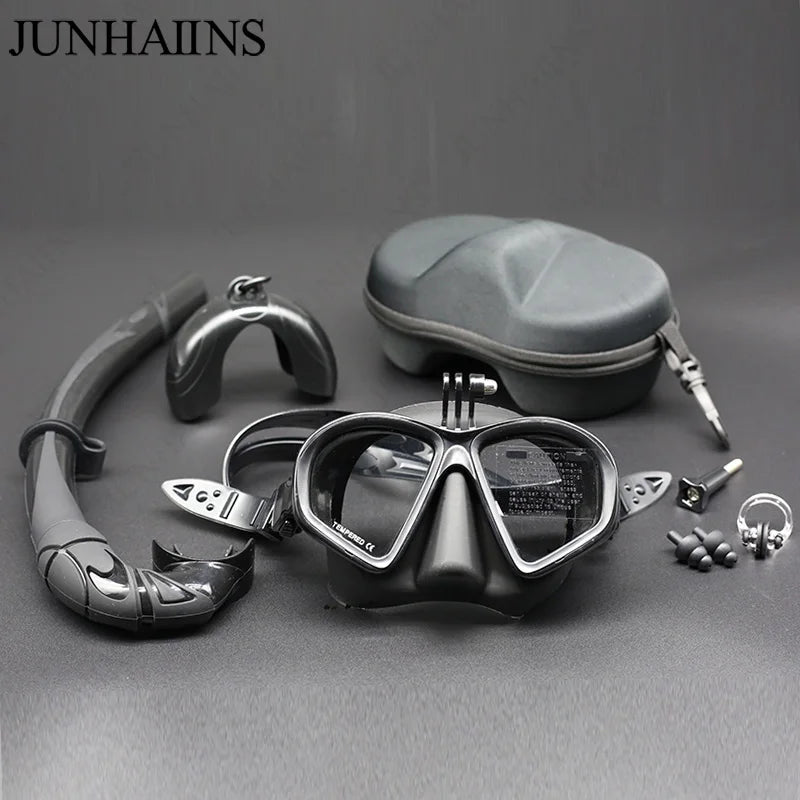 Wet Go-Pro Mount Duikmasker | Tempered Glass Freedive Mask met J-Type Snorkel & Camera Mount – Zwart