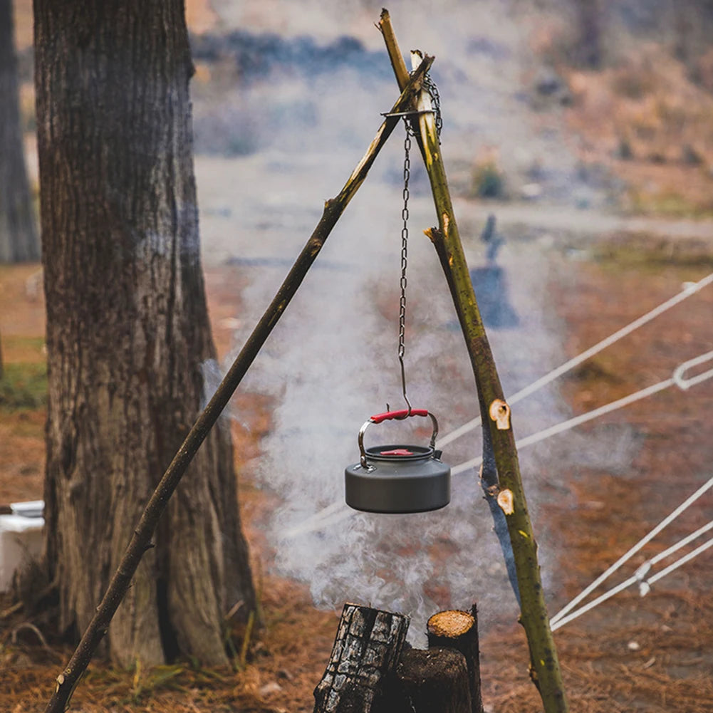 Camping Kettinghanger met Lederen Opbergzak - Driepoot Montageset voor Potten & Pannen - Verstelbare Kookketting voor Wandelen & Bushcraft
