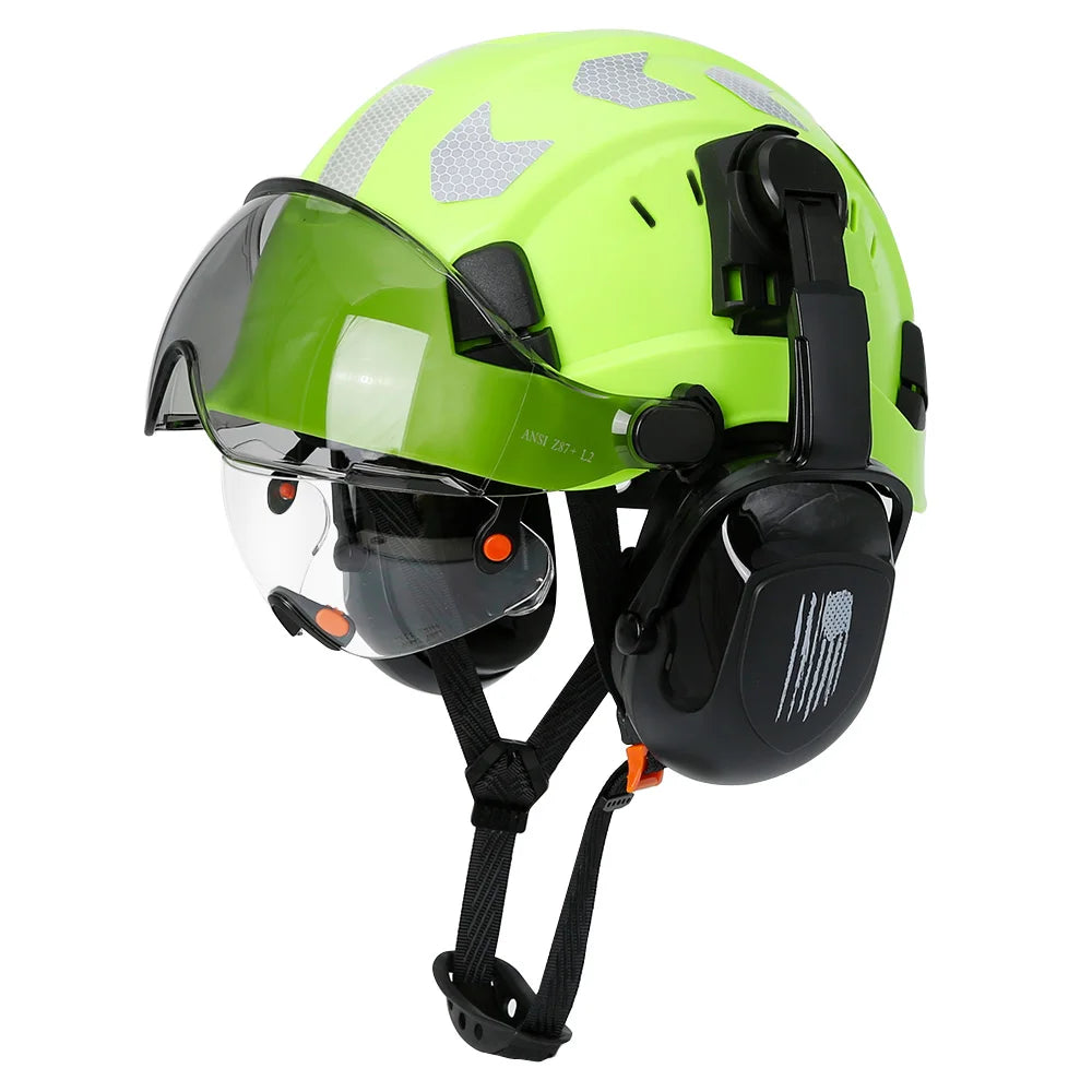 CE Certified Safety Helmet with Visor, Built-in Goggles & Earmuffs – Hard Hat for Engineers & Industrial Work – Head Protection to ANSI Standards