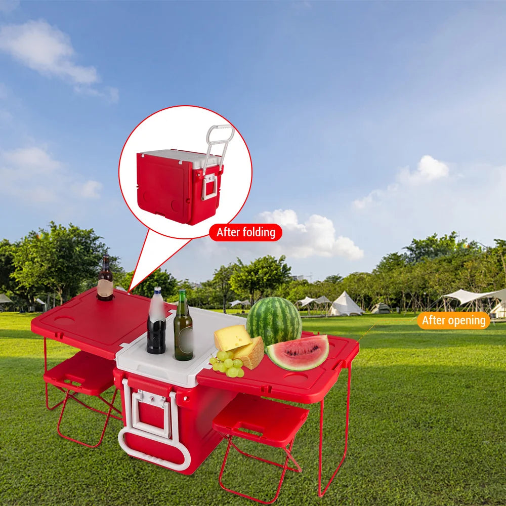 32L Draagbare Koelbox met Wielen – Inclusief Picknicktafel & 2 Opvouwbare Stoelen