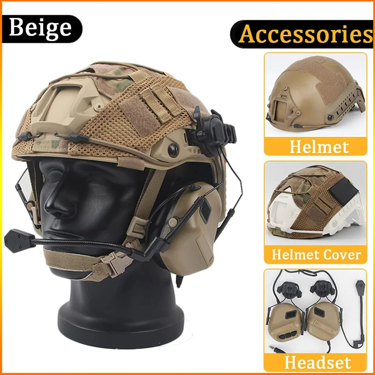 Airsoft FAST Helm Set – Tactische Helm met Headset en Helmovertrek voor Cosplay, Paintball en Jacht