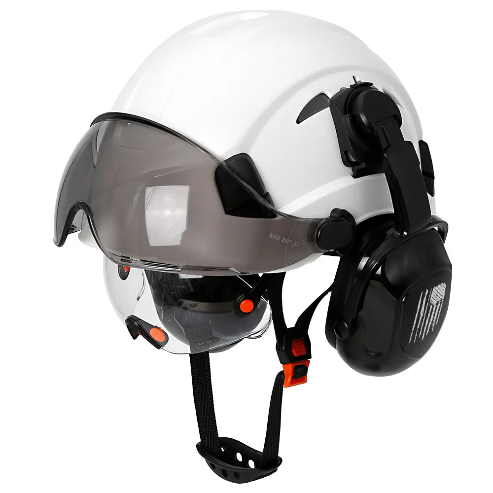 CE Certified Safety Helmet with Visor, Built-in Goggles & Earmuffs – Hard Hat for Engineers & Industrial Work – Head Protection to ANSI Standards
