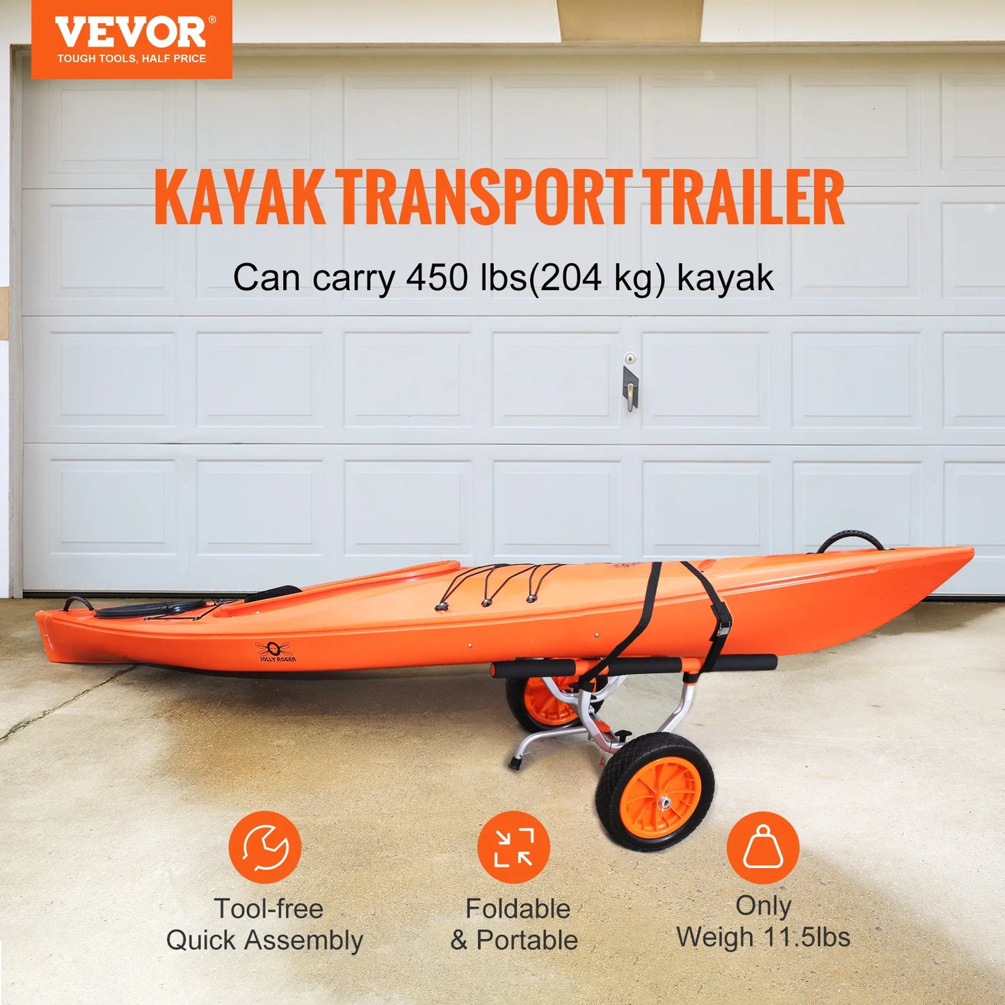 Kayak Cart 450 lbs - Verstelbare Brede Trolley voor Kano, Kajak, Paddleboards en Vlotmatten met 12'' All-Terrain Wielen