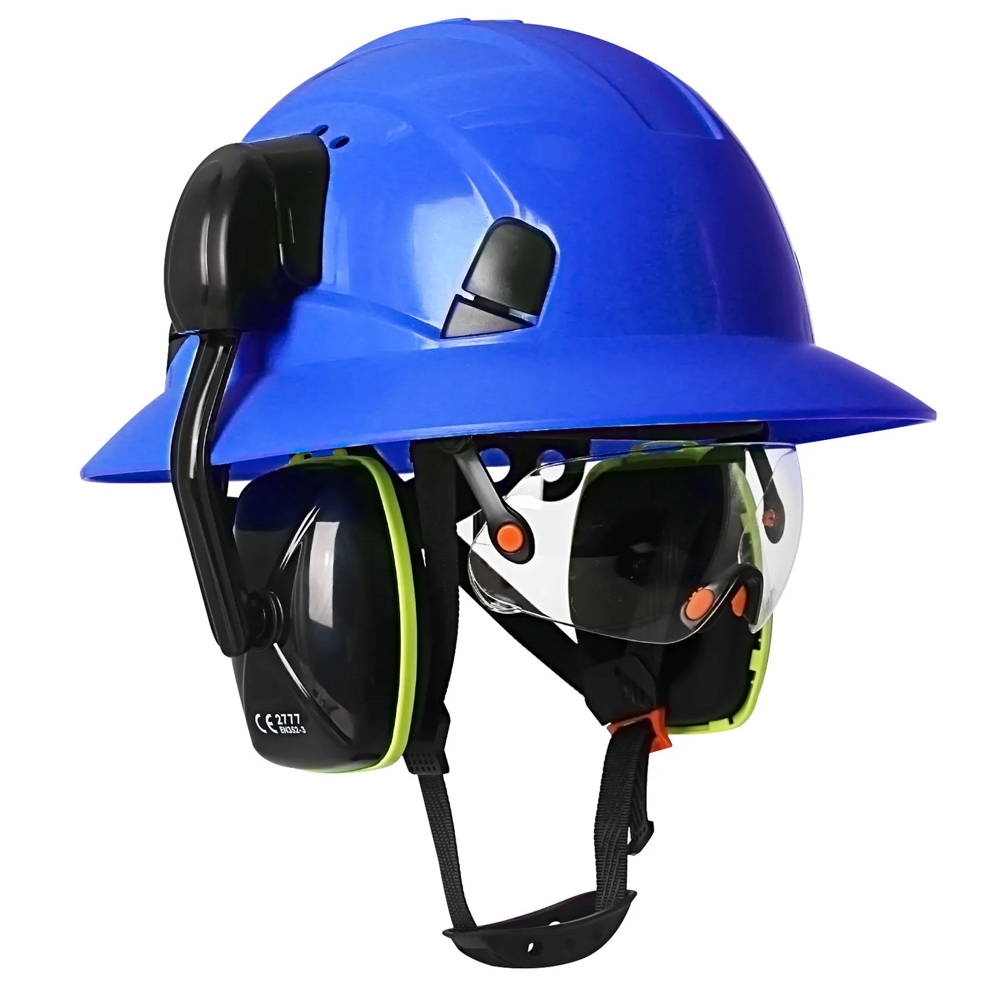 CE Full Brim Veiligheidshelm met Bril & Oorkappen – HDPE Bouwhelm met Zonrand voor Bouw, Olie & Industrie