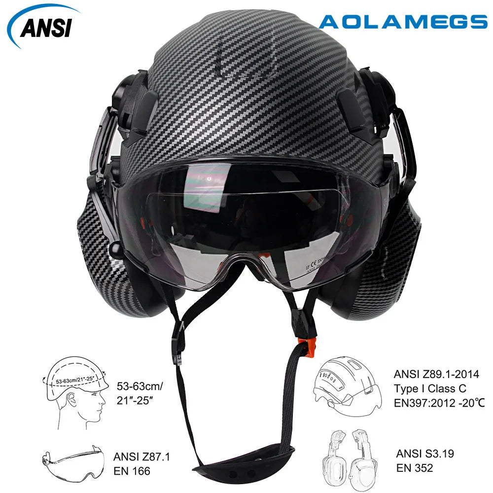 Carbon Fiber Safety Helmet with Visor, Double Goggles and Earmuffs - Industrial Hard Hat for Construction and Climbing