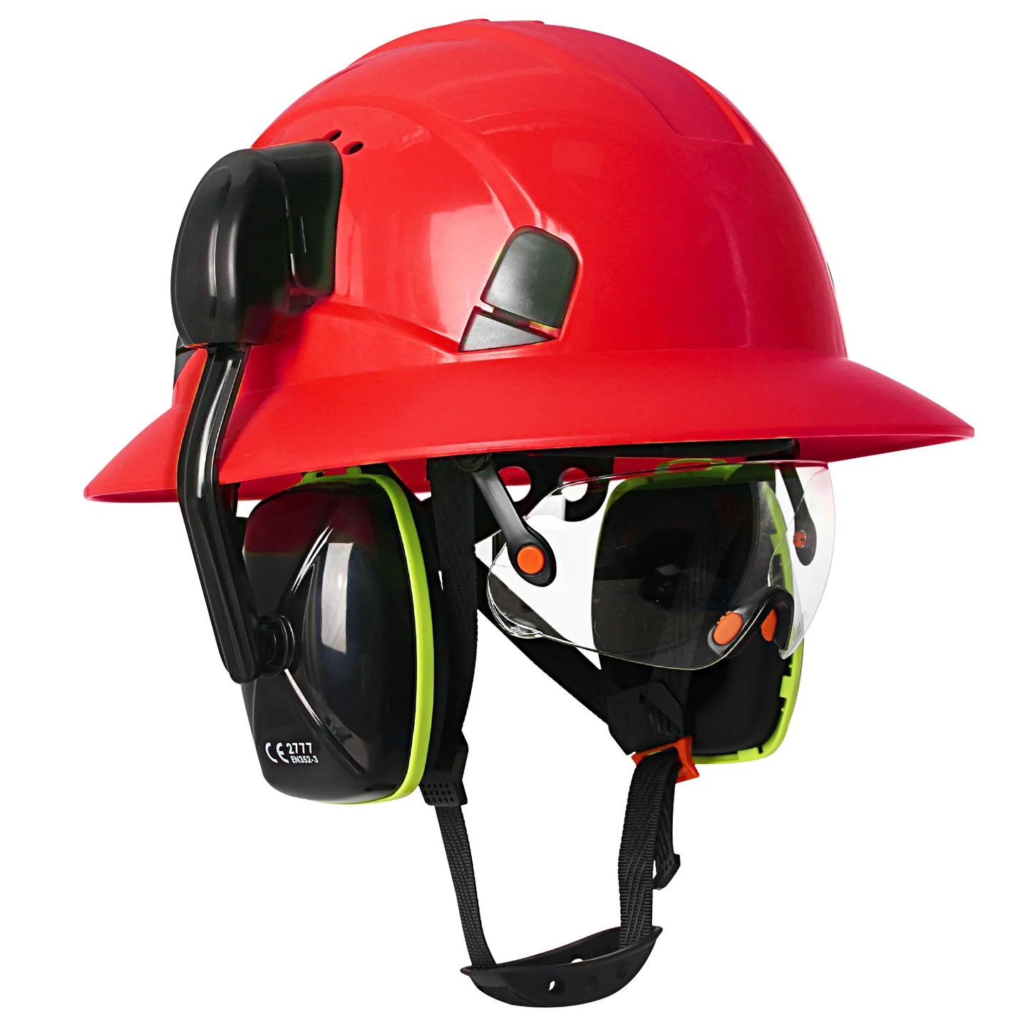 CE Full Brim Veiligheidshelm met Bril & Oorkappen – HDPE Bouwhelm met Zonrand voor Bouw, Olie & Industrie