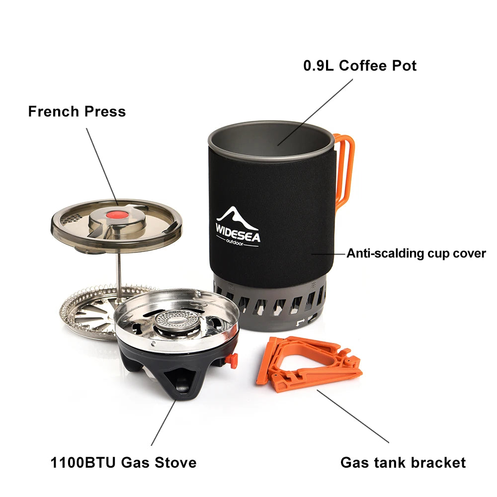 Camping Cooking System met Warmtewisselaar | Outdoor Gasfornuis met Koffiepot en Bestek voor Kamperen en Toerisme