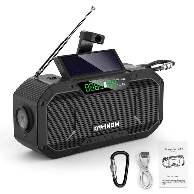 Notfallradio mit Solarpanel und Handkurbel – 5000 mAh Powerbank, Taschenlampe, wasserdicht, Survival-Radio für Camping