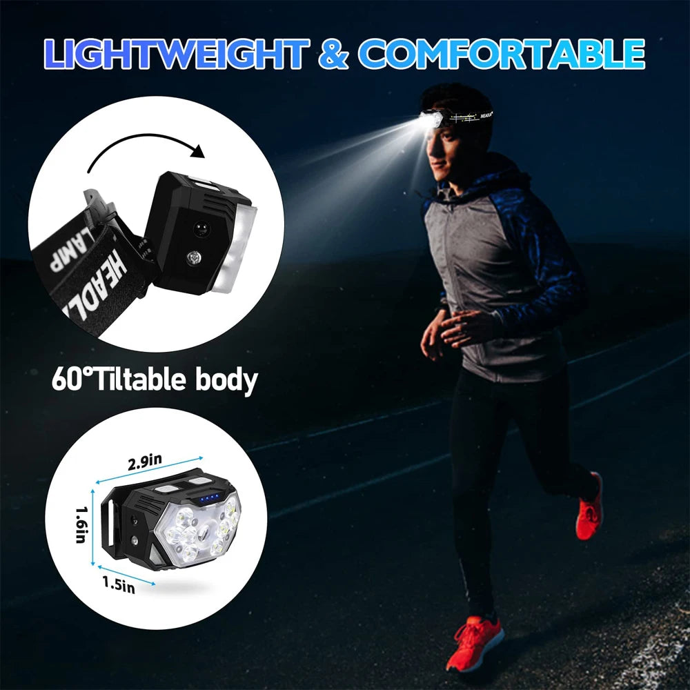Leistungsstarke 9-LED-Stirnlampe – 2000 Lumen, wiederaufladbar mit Bewegungssensor, wasserdicht und leicht für Outdoor-Aktivitäten