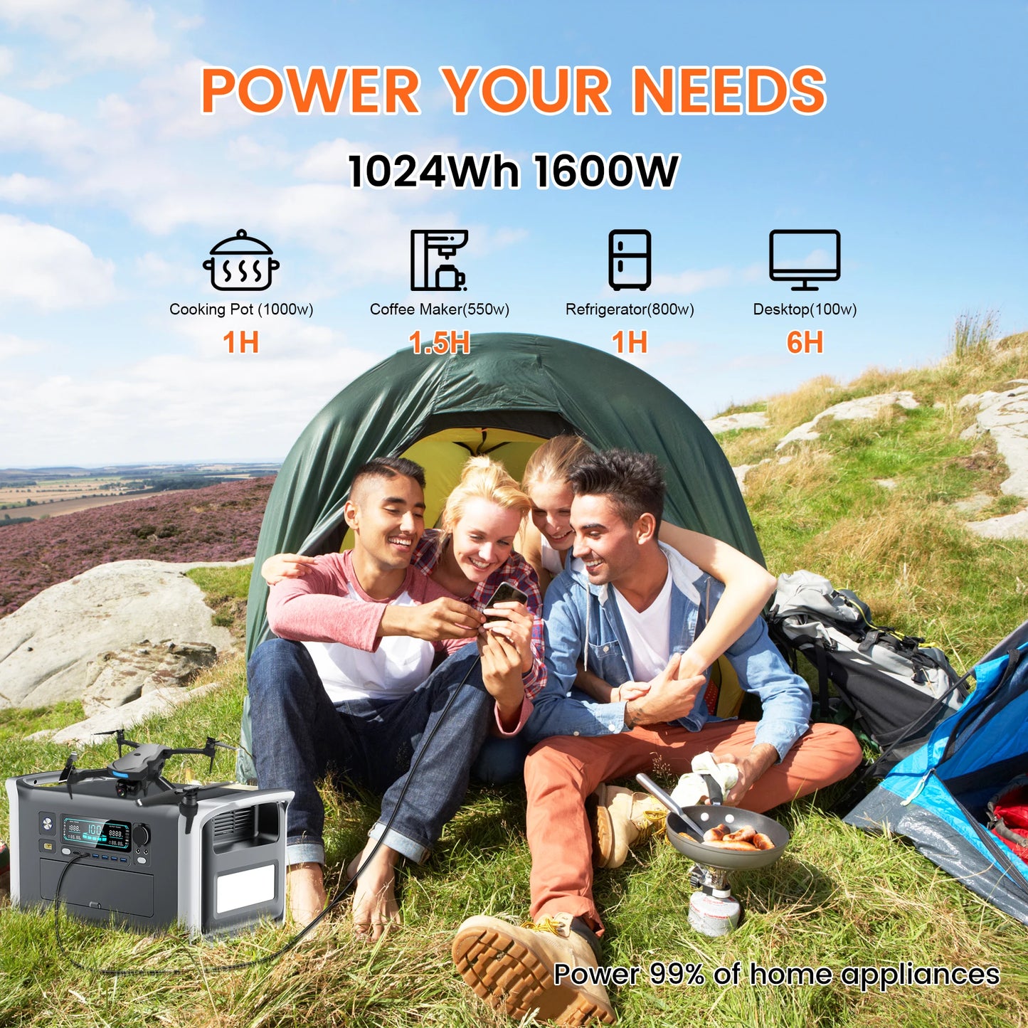 1024Wh LiFePO4 Draagbare Power Station – 1800W (220V) / 1600W (110V) UPS Solar Generator voor Camping & Noodstroom