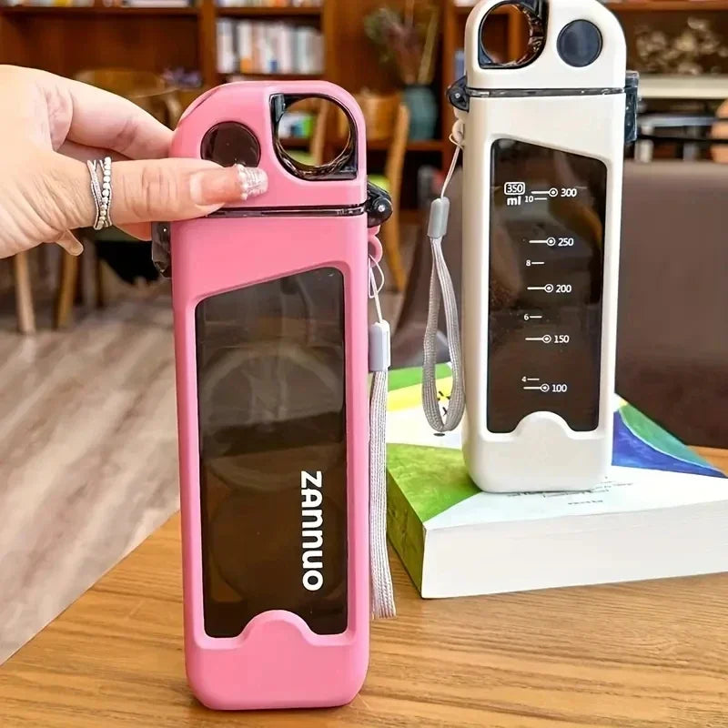 350 ml auslaufsichere Plastikwasserflasche – quadratische Sportflasche mit verschließbarem Deckel und Strohhalm für Outdoor und Reisen