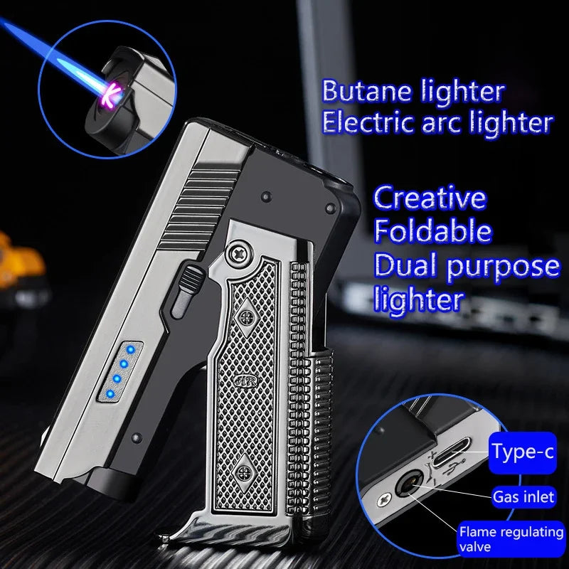 Winddichte Gas Elektrische Plasma Aansteker C-Type USB Oplaadbaar, Vouwbare Gun Butaan Torch Turbo Jet Vlam voor Sigaren – Cadeau voor Mannen