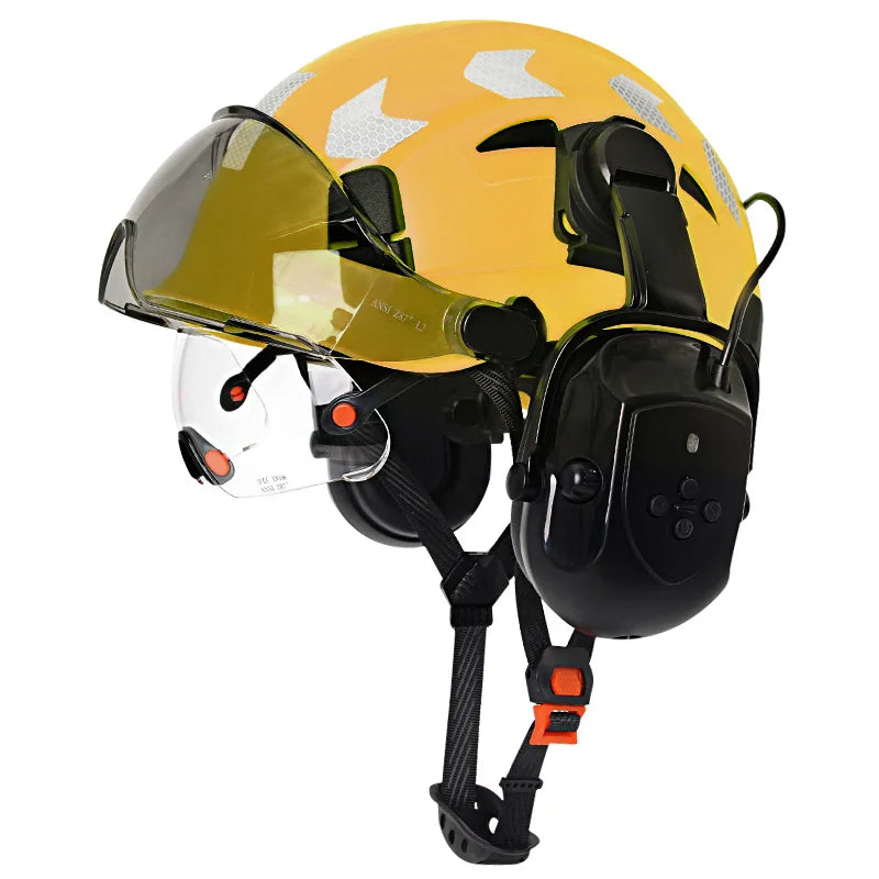 Construction Safety Helmet with Bluetooth 5.0 – Noise Cancelling Earmuffs, Visor & Reflective Stickers, CE Certified