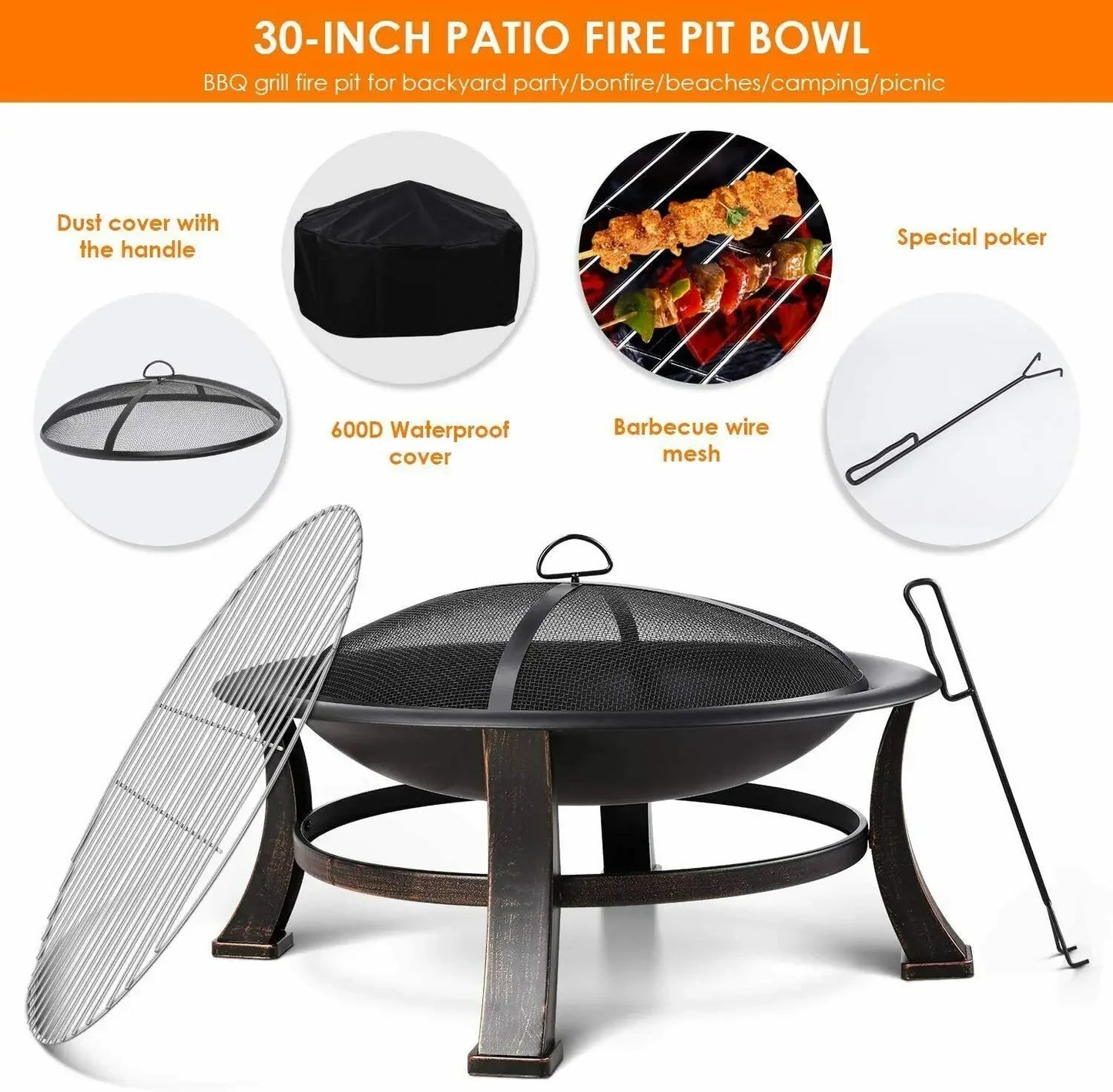 30" Stalen Vuurschaal & BBQ Grill | Outdoor Fire Pit voor Tuin & Camping