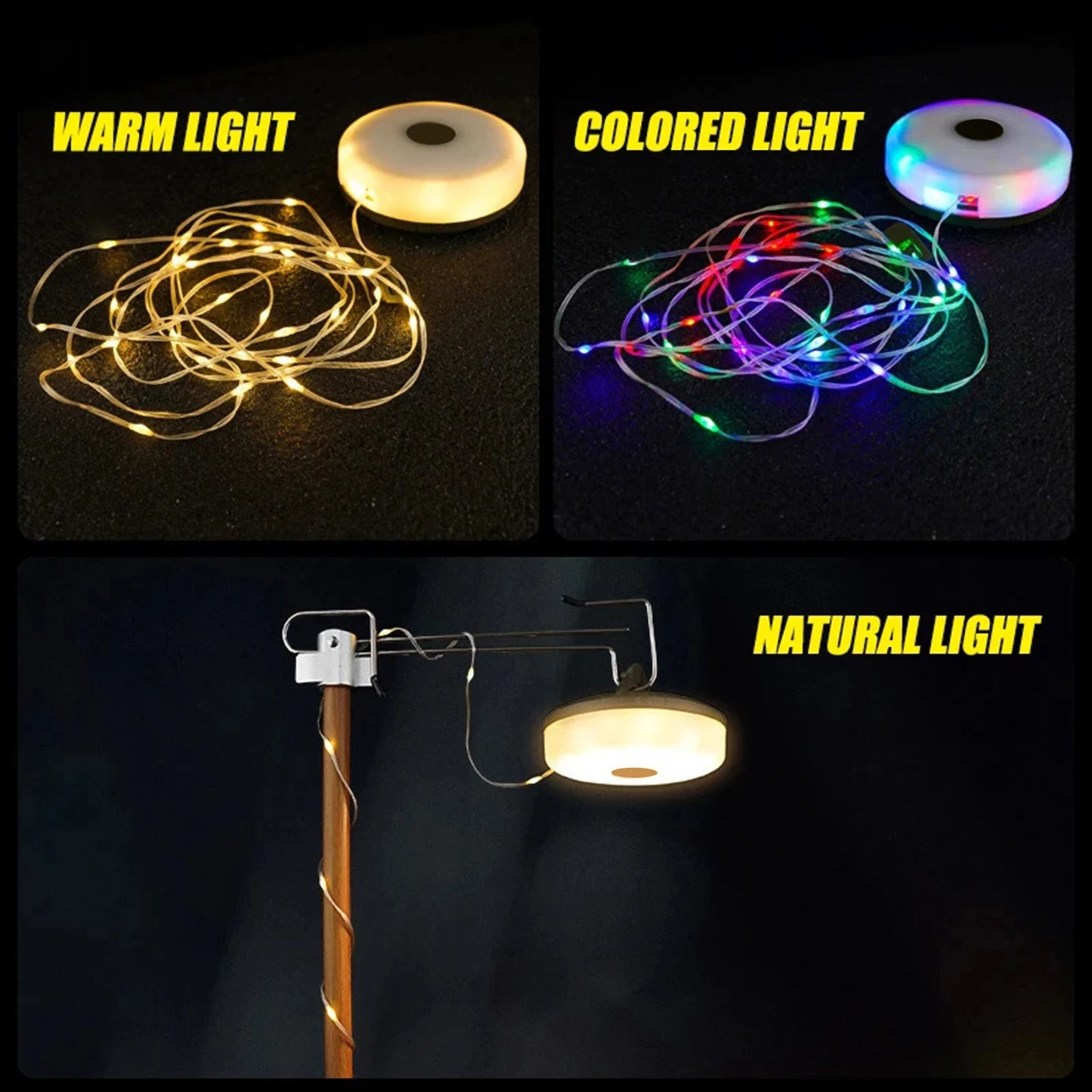 USB Oplaadbare Campinglamp | LED Tentlamp met Magneet & Haak | 10M Lichtstrip (Warm Licht + RGB)