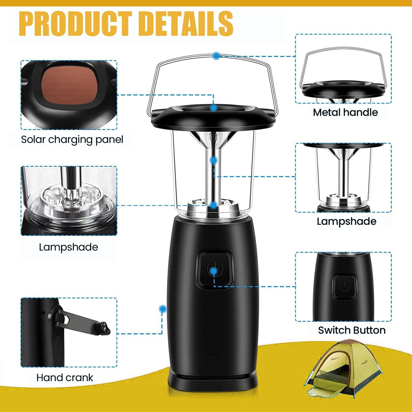 6-LED Solar & Hand Crank Dynamo Camping Lantaarn | Oplaadbare LED Zaklamp