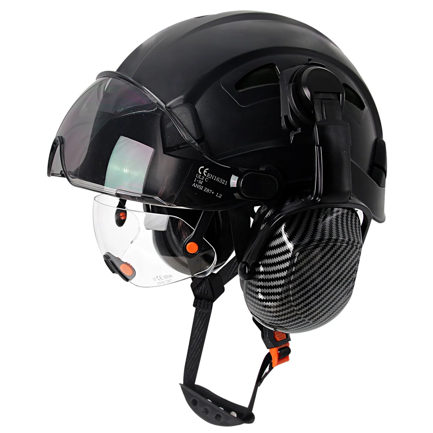 Carbon Fiber Safety Helmet with Visor, Double Goggles and Earmuffs - Industrial Hard Hat for Construction and Climbing
