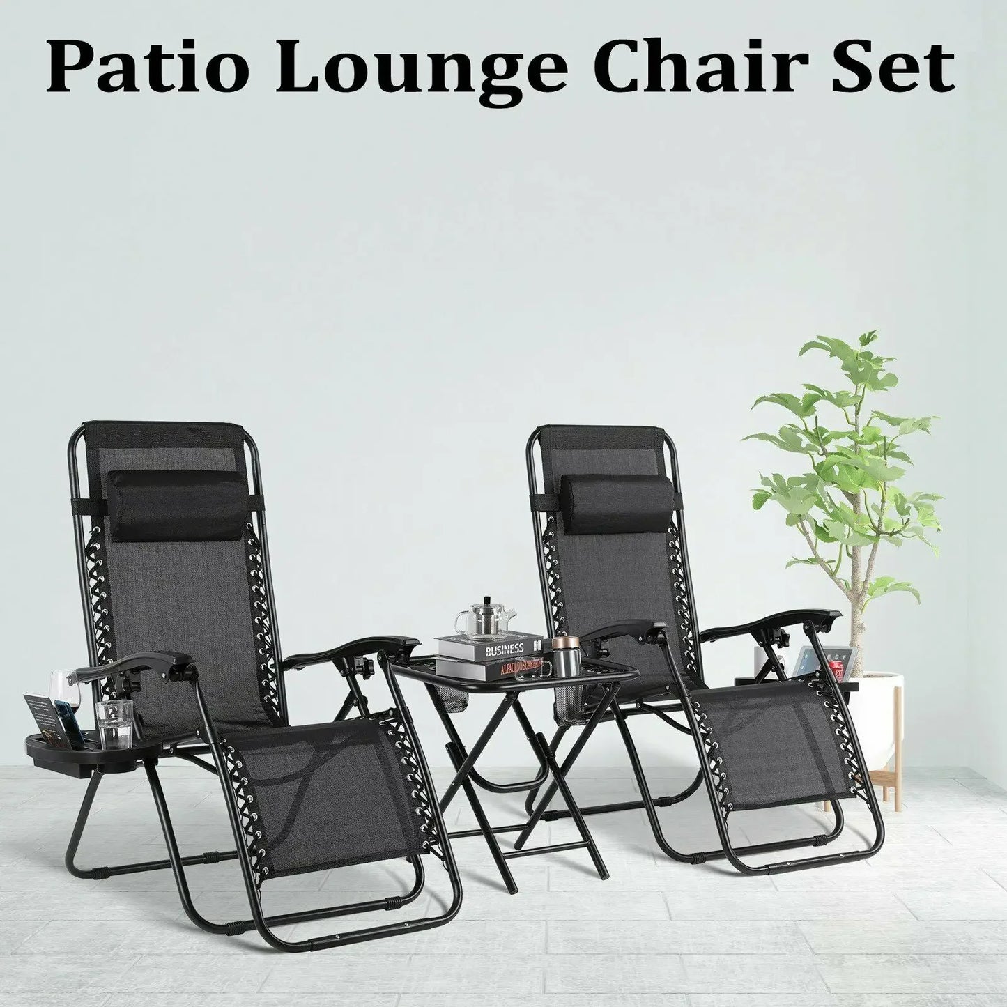 Set van 2 Luxe Ligstoelen | Zero Gravity Tuinstoelen met Tafel & Cuphouder
