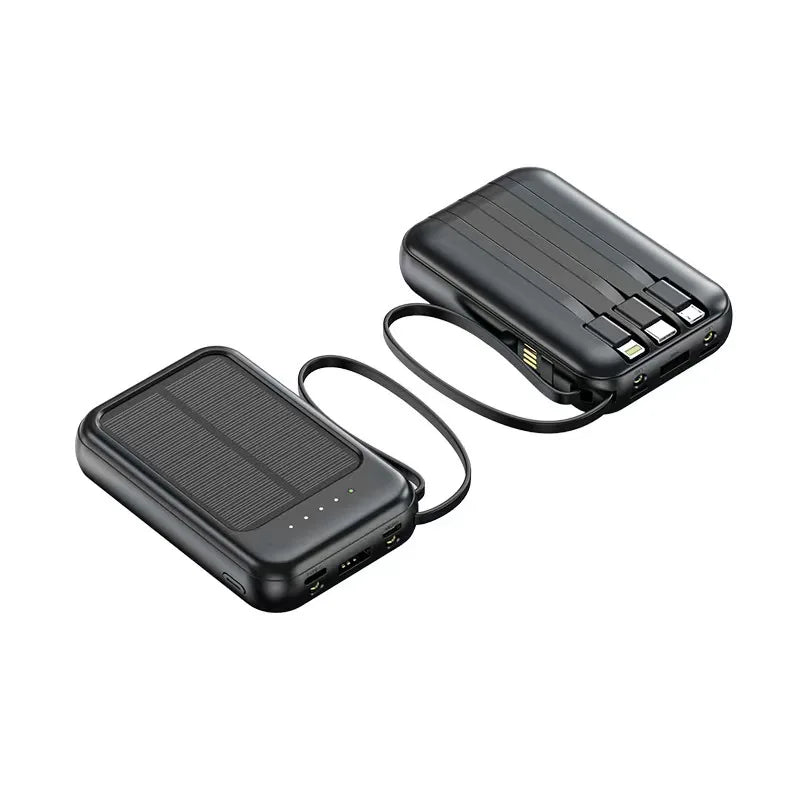 Snelladende Compacte Powerbank – Met Ingebouwde Kabels, Solar LED Licht, Geschikt voor Samsung, Apple & Xiaomi