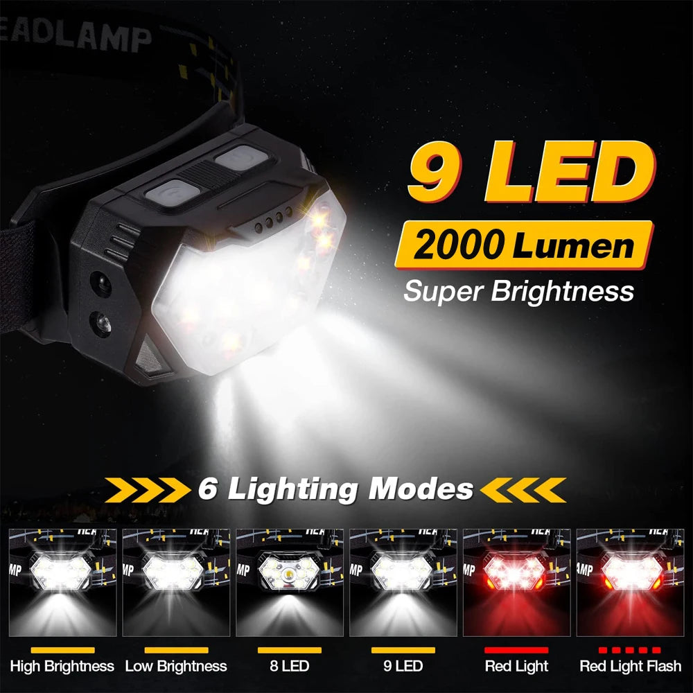 Leistungsstarke 9-LED-Stirnlampe – 2000 Lumen, wiederaufladbar mit Bewegungssensor, wasserdicht und leicht für Outdoor-Aktivitäten