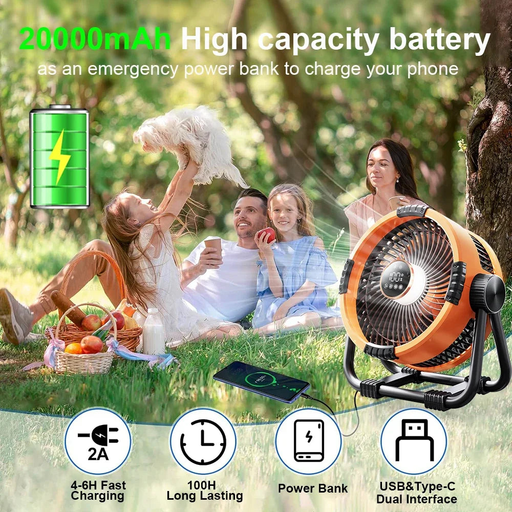 Draagbare Camping Ventilator – 20000mAh Oplaadbare Draadloze Ventilator met Powerbank & Afstandsbediening