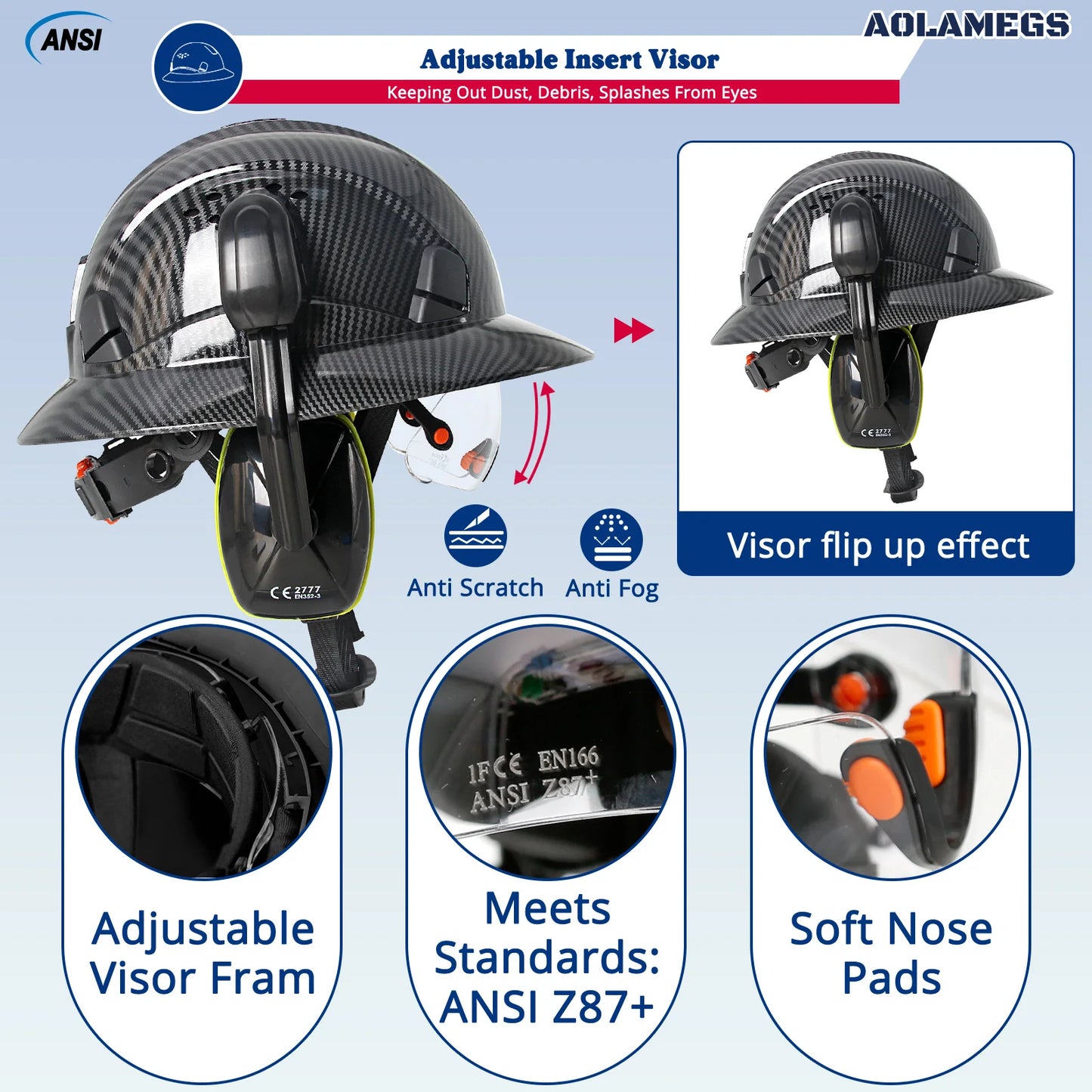CE Full Brim Veiligheidshelm met Bril & Oorkappen – HDPE Bouwhelm met Zonrand voor Bouw, Olie & Industrie