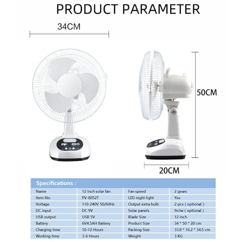 Draagbare Solar Tafelventilator – 12" Oplaadbare AC/DC Ventilator met LED & USB Poorten