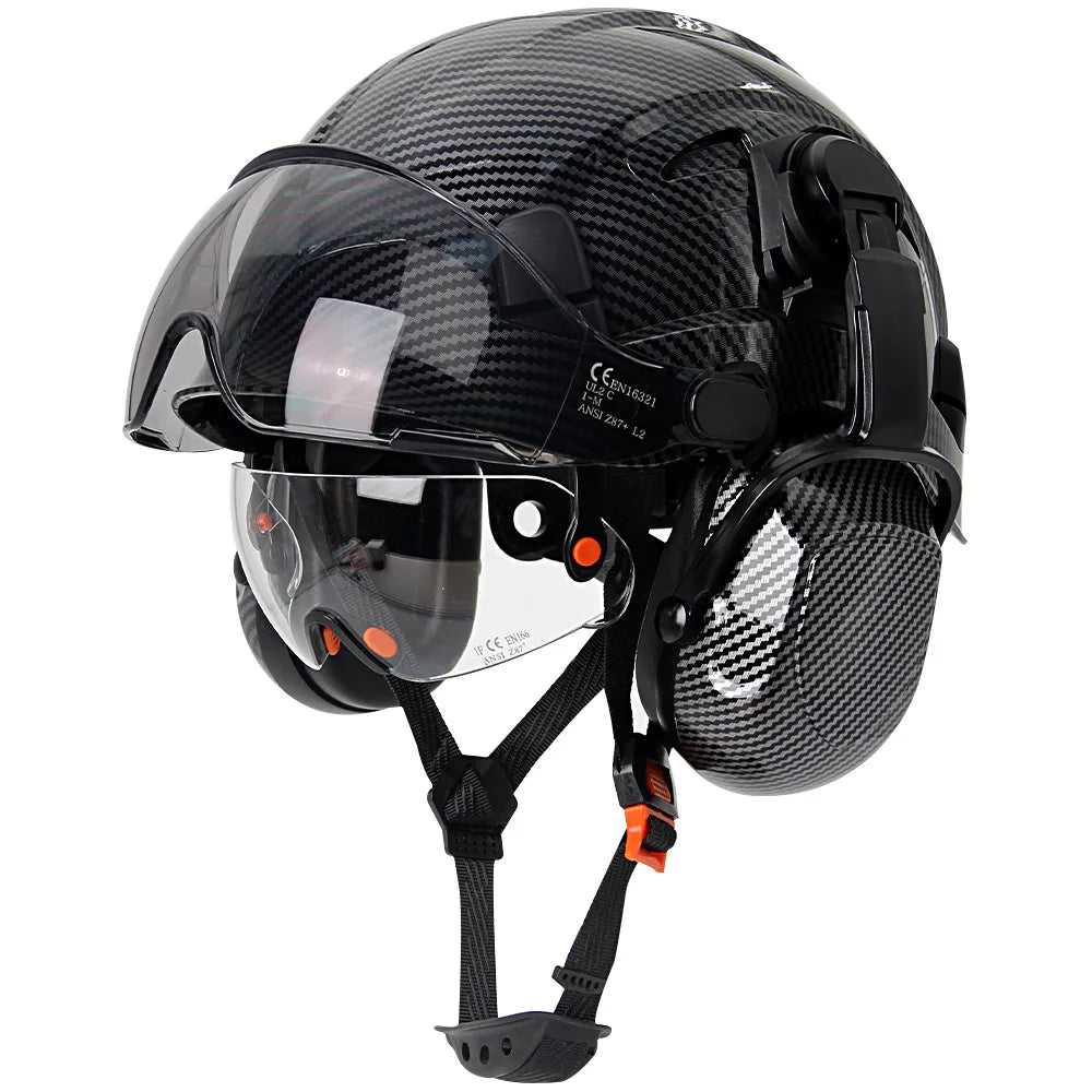 Carbon Fiber Safety Helmet with Visor, Double Goggles and Earmuffs - Industrial Hard Hat for Construction and Climbing