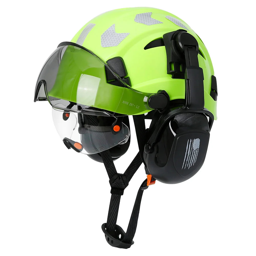 CE Certified Safety Helmet with Visor, Built-in Goggles & Earmuffs – Hard Hat for Engineers & Industrial Work – Head Protection to ANSI Standards