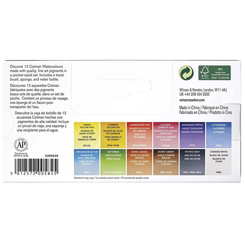 Winsor & Newton Cotman Waterverf Set | 12 Kleuren Half-Pans voor Buiten Schilderen in Plastic Doos