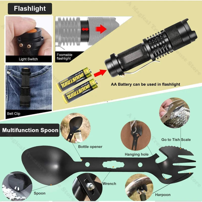 Outdoor Multi-Tool Kit, Noodoverlevingskit met First Aid Supplies, Tactisch Camping Survival Gereedschap en Jachtuitrusting