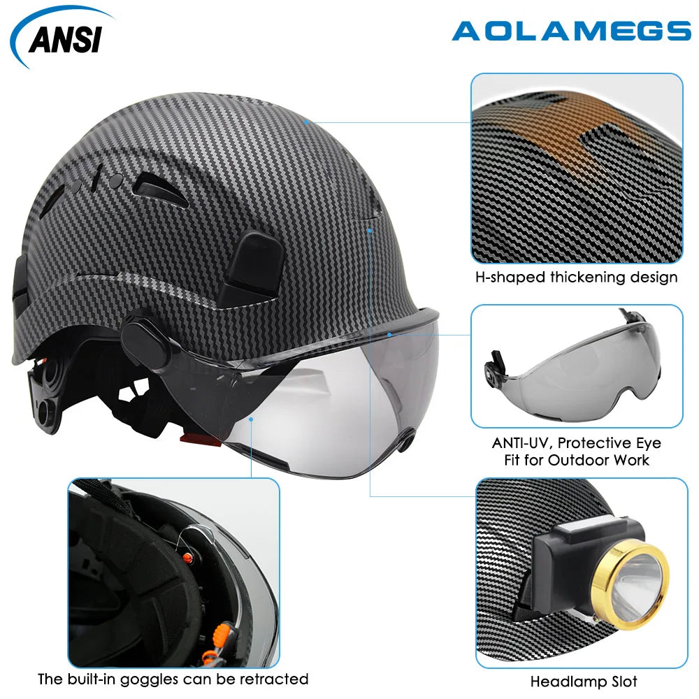 Carbon Fiber Safety Helmet with Visor, Double Goggles and Earmuffs - Industrial Hard Hat for Construction and Climbing