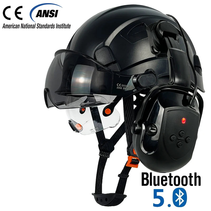 Bouw Veiligheidshelm met Bluetooth 5.0 – Geluidsdempende Oorkappen, Vizier & Zonbescherming, ABS Hardhat