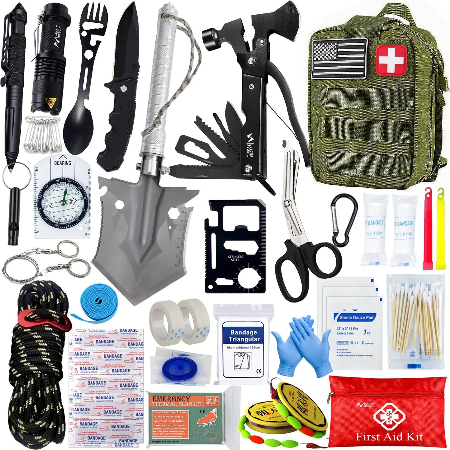 Professionelles Survival-Kit und Erste-Hilfe-Set – komplettes Survival-Paket mit Molle-Tasche für Camping und Outdoor