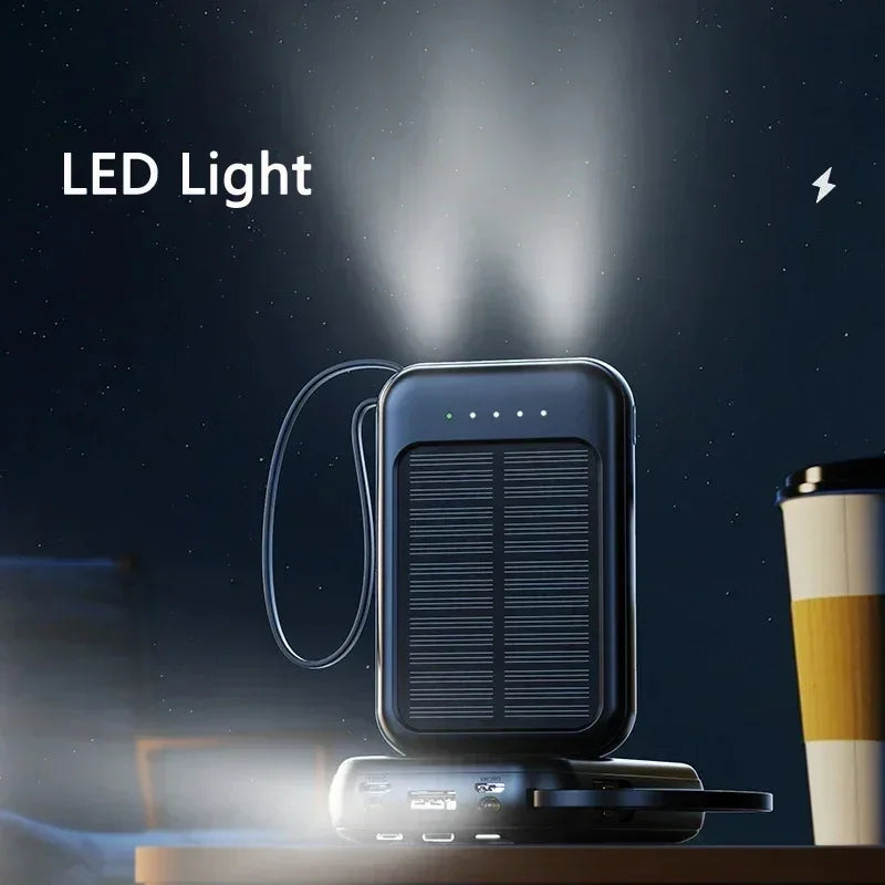 Snelladende Compacte Powerbank – Met Ingebouwde Kabels, Solar LED Licht, Geschikt voor Samsung, Apple & Xiaomi