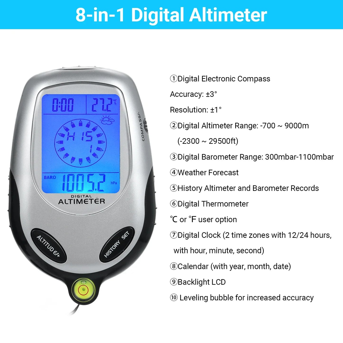 8-in-1 Elektronische Handheld Altimeter – Kompas, Barometer, Thermometer, Weerstation, Tijd & Kalender voor Bergbeklimmen