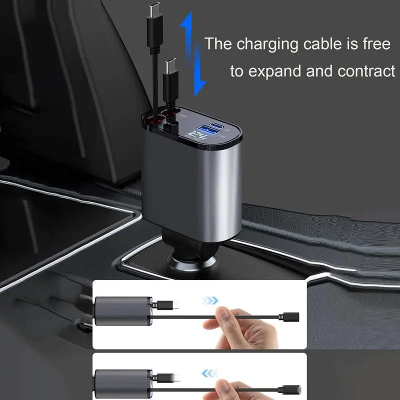 4-in-1 Autoadapter – Intrekbare Kabel, 120W Multi-Poort Universele Lader voor 12V/24V Voertuigen