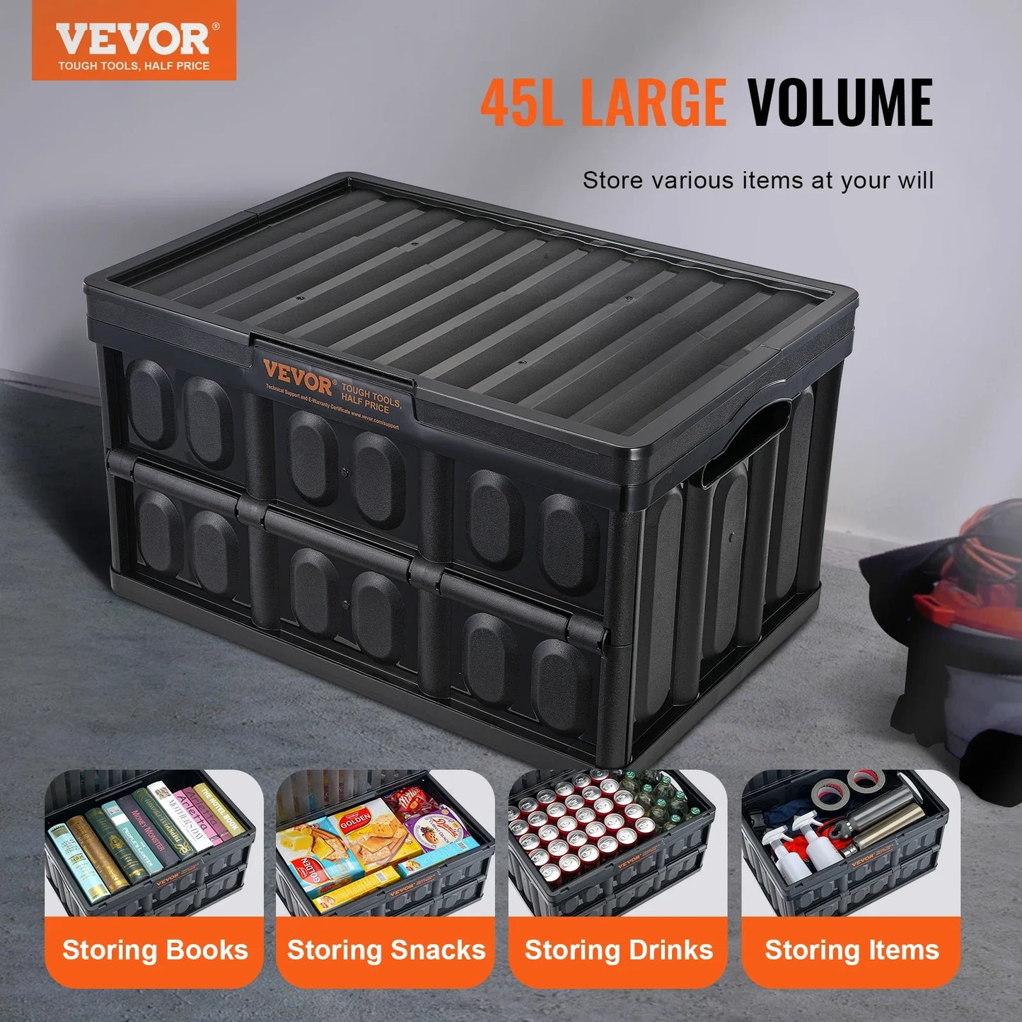 45L/65L Opvouwbare Opslagboxen - Stapelbare Kratten met Deksel en Handvatten voor Kleding, Snacks, Speelgoed en Boodschappen