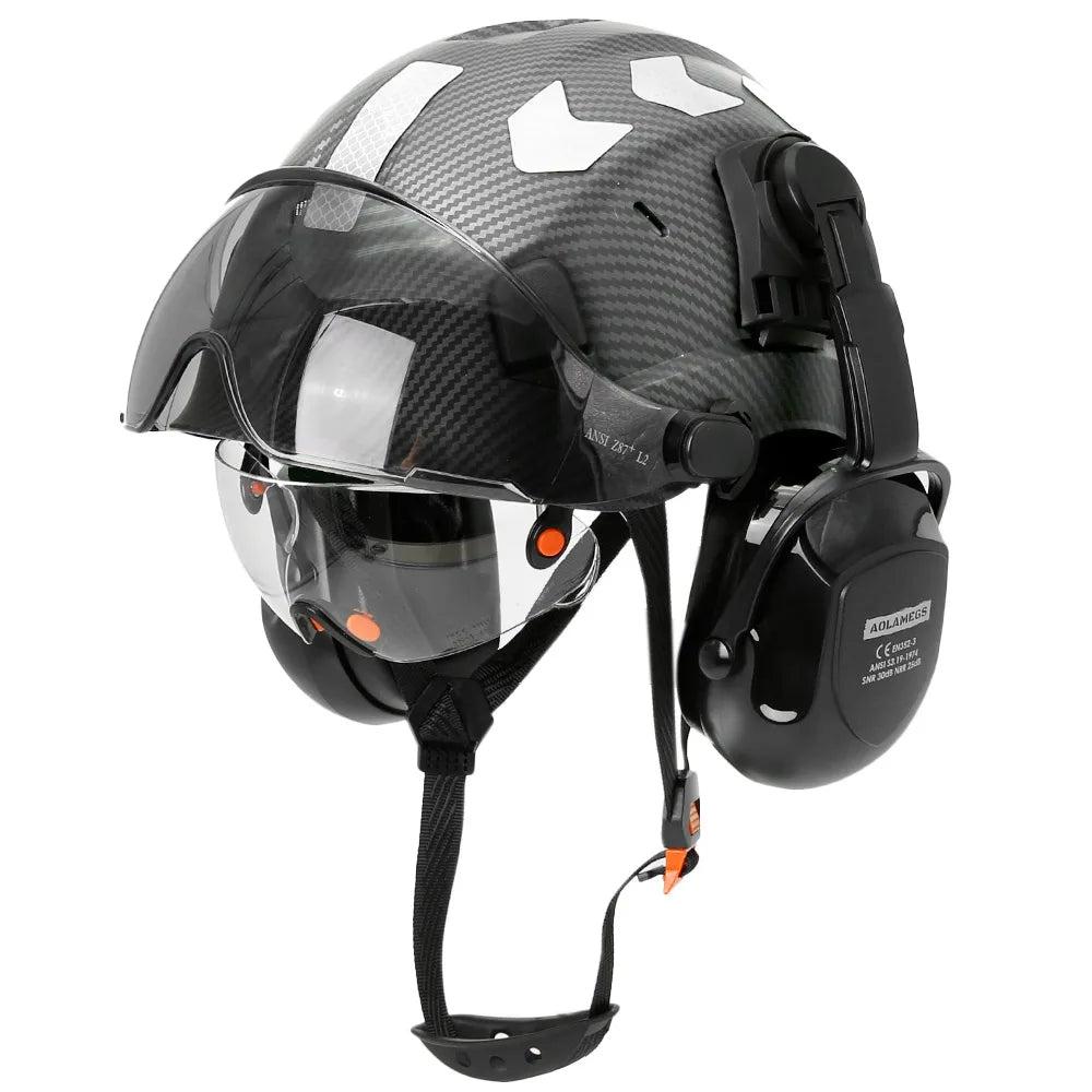 CE Certified Safety Helmet with Visor, Built-in Goggles & Earmuffs – Hard Hat for Engineers & Industrial Work – Head Protection to ANSI Standards