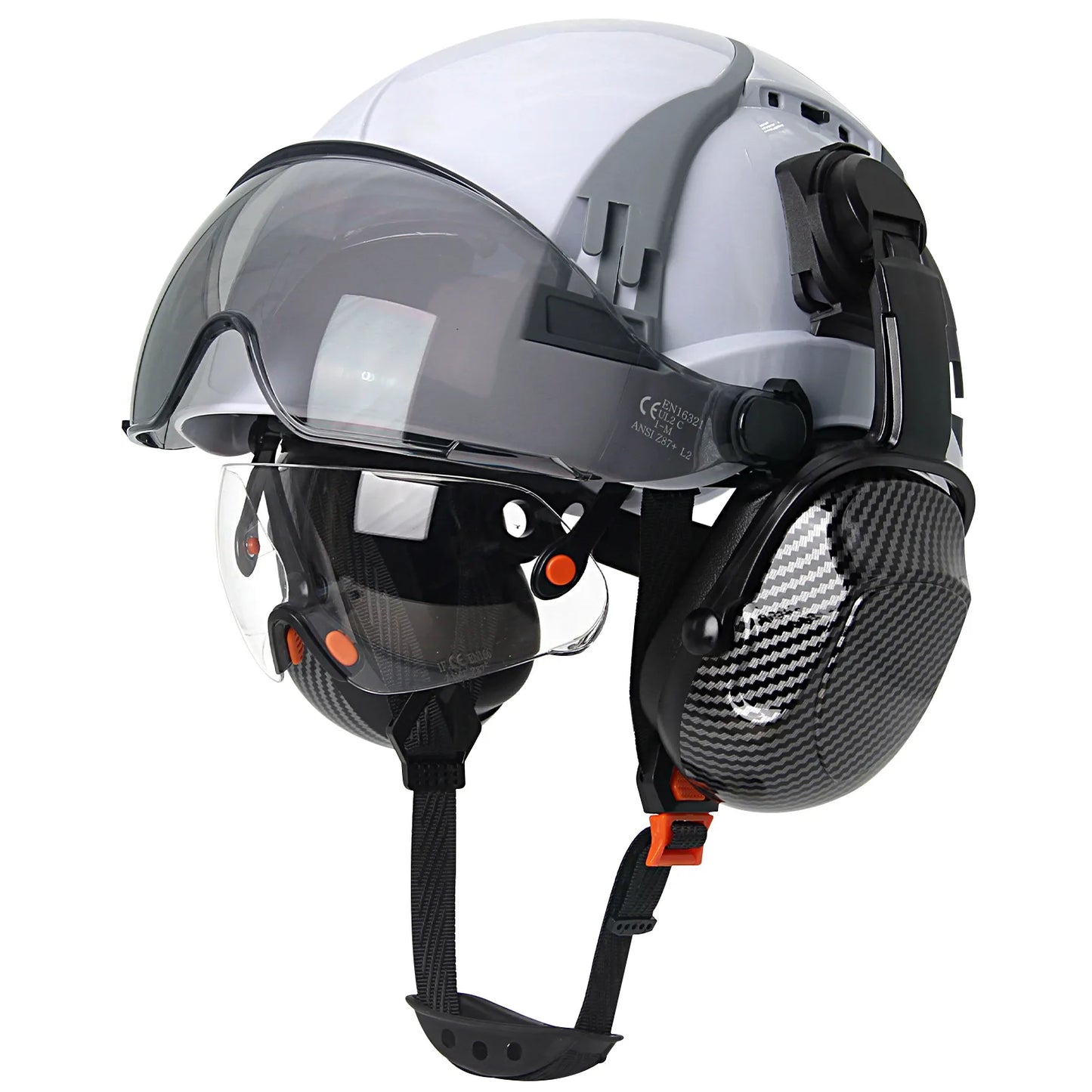 Carbon Fiber Safety Helmet with Visor, Double Goggles and Earmuffs - Industrial Hard Hat for Construction and Climbing