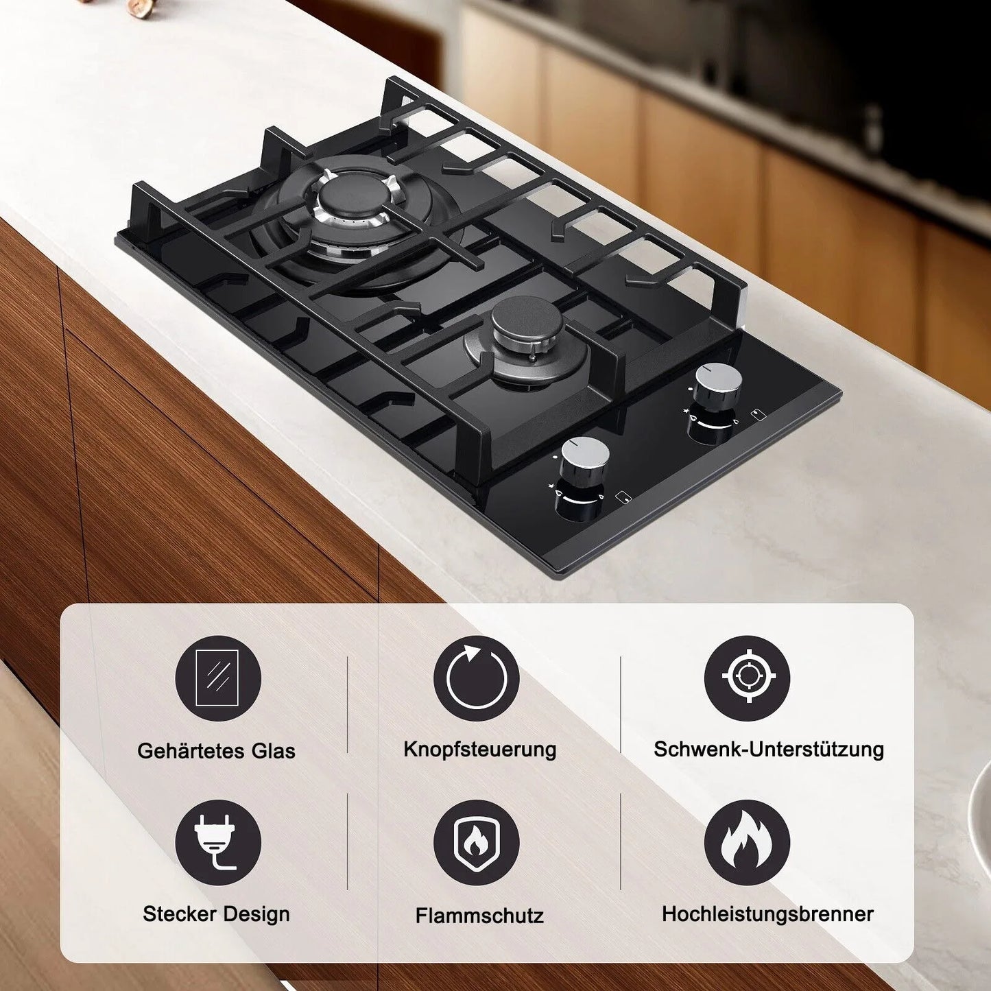 2-Pits Inbouwkookplaat – Keramisch Glas – Aardgas & Propaan – Elektronische Ontsteking