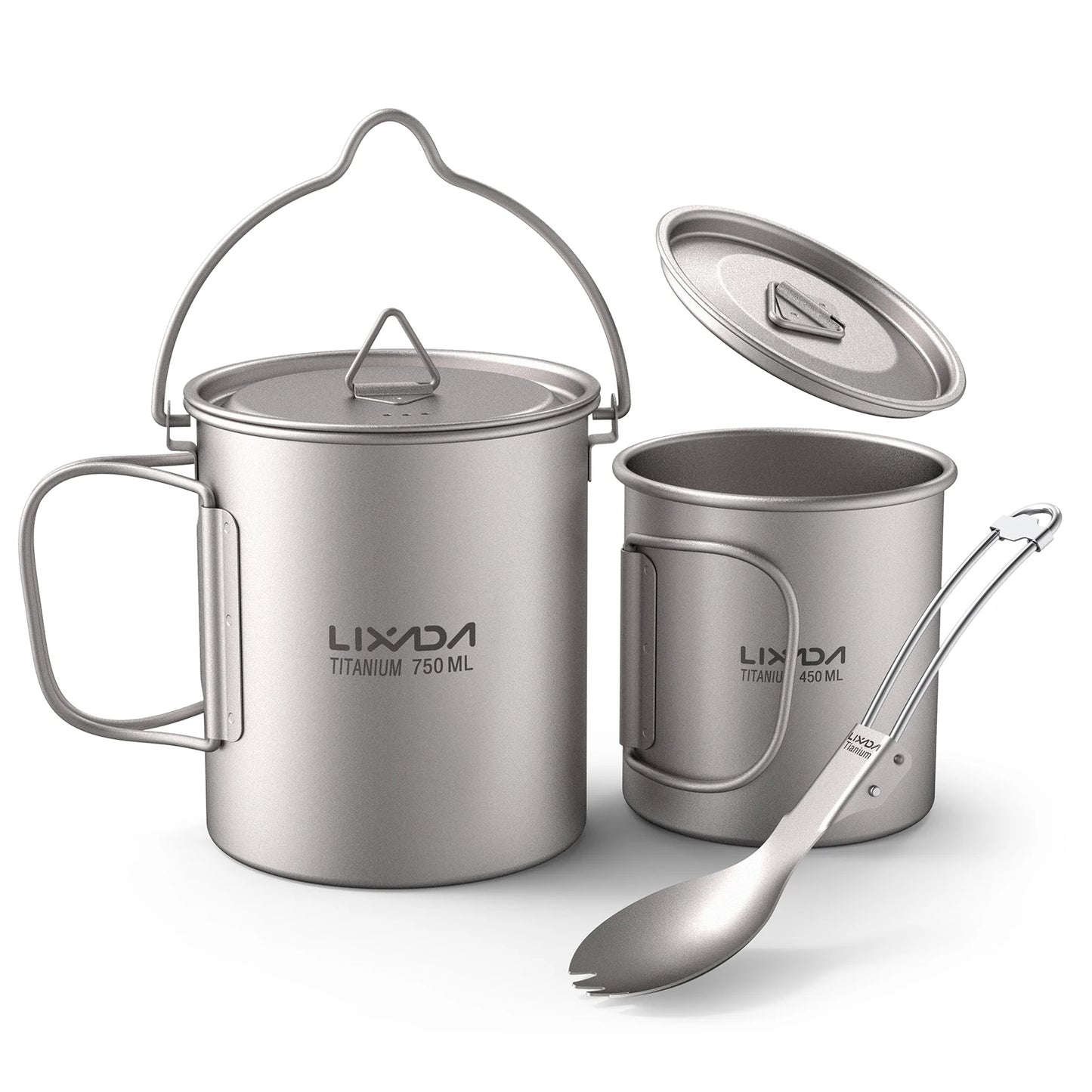 3-delige Titanium Kookset – 750ml Pot, 450ml Beker met Deksel en Opvouwbare Spork voor Outdoor Kamperen en Hiking