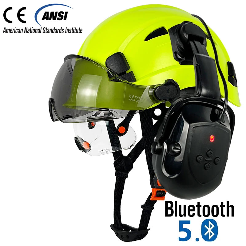 Bouw Veiligheidshelm met Bluetooth 5.0 – Geluidsdempende Oorkappen, Vizier & Zonbescherming, ABS Hardhat
