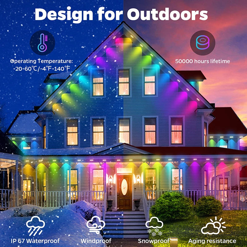 100FT 60 LED RGB Eaves String Lights - Waterdichte Permanent Outdoor Verlichting met App- en Spraakbediening