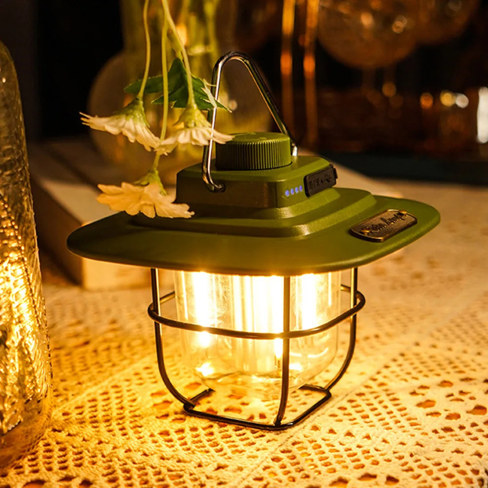 LED Retro Camping Lantaarn | Waterdicht | Type-C Oplaadbaar | Hanglamp met Haak & Batterij Indicator